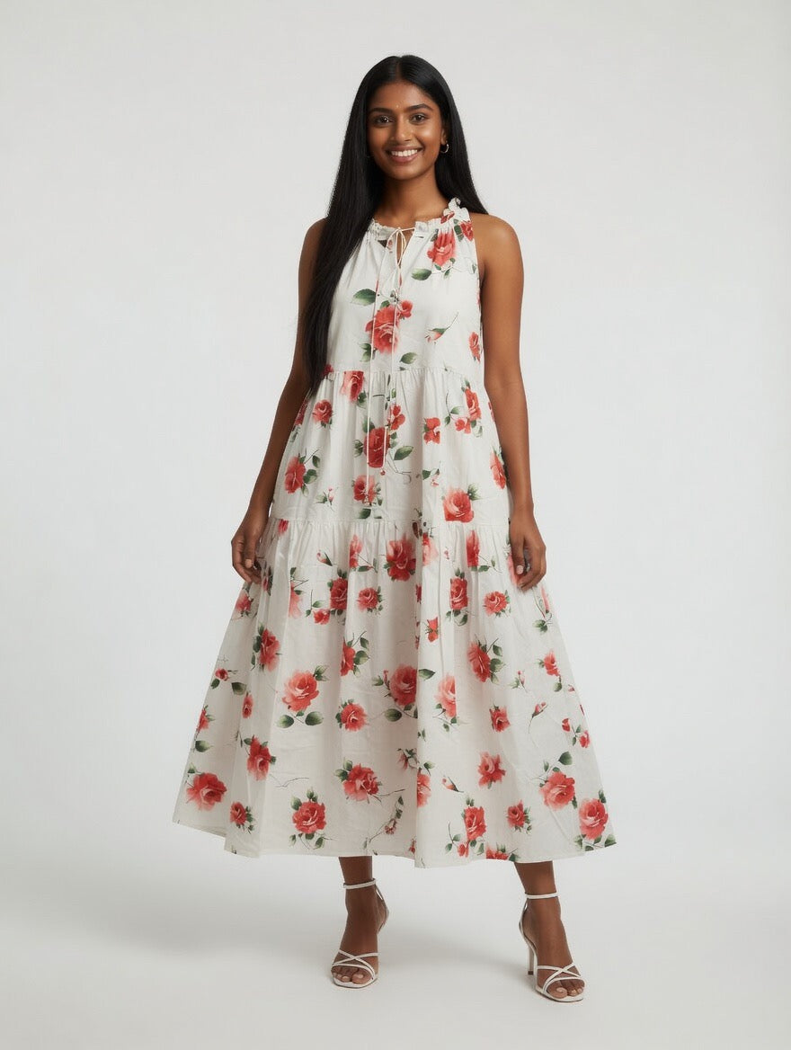 Rose Whisper Tiered Midi Dress