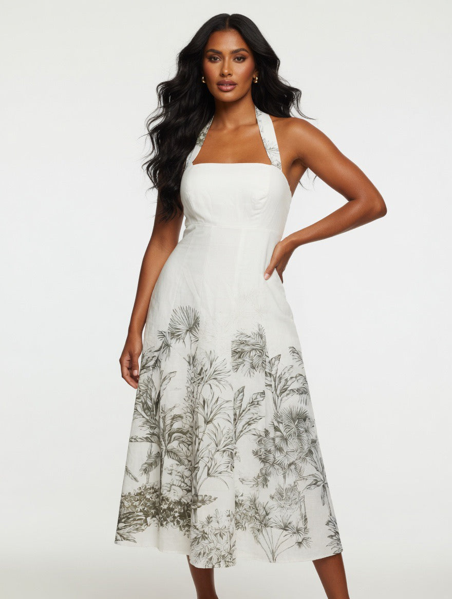 Palm Paradise Linen Midi Dress – Ivory