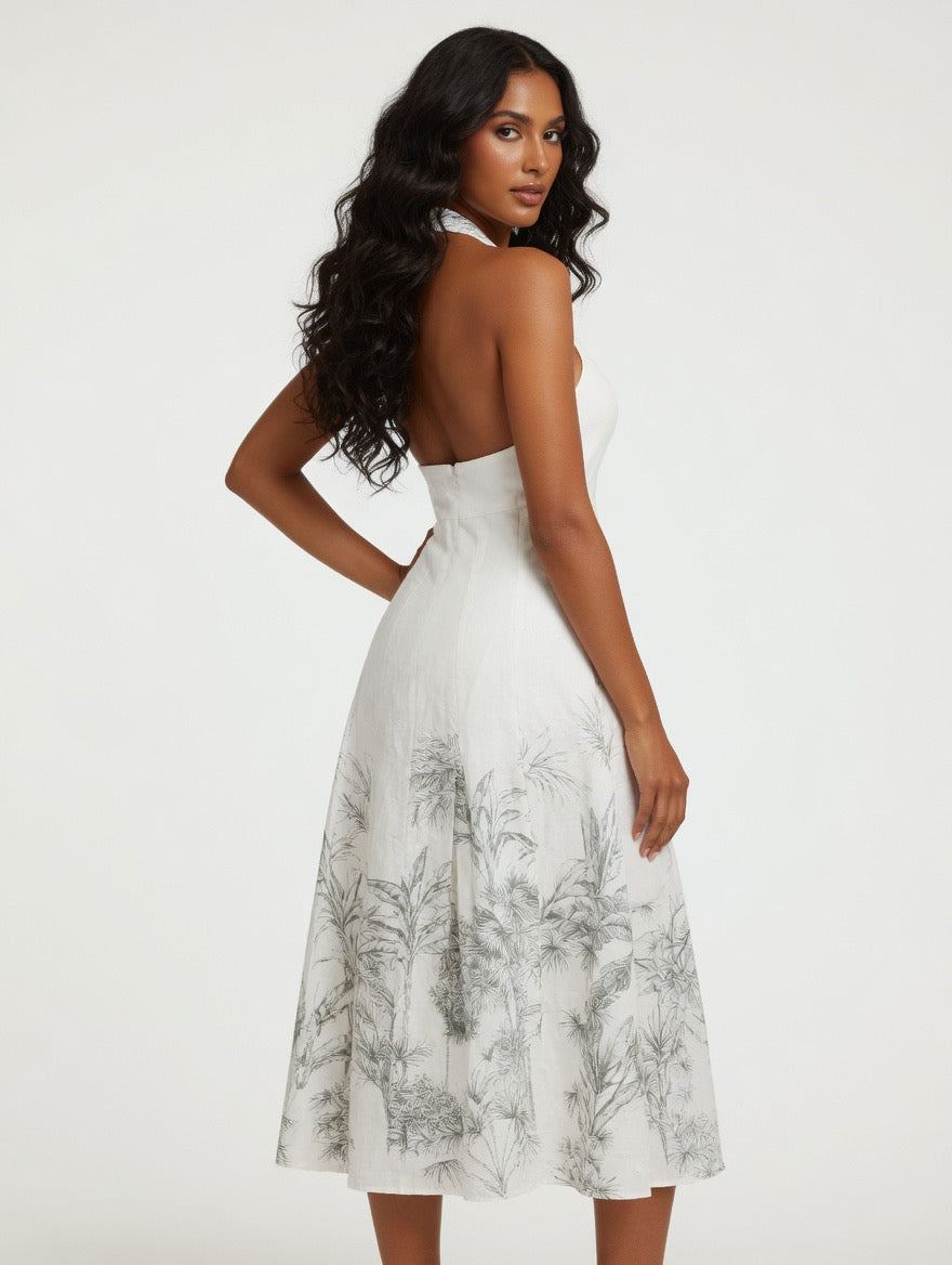 Palm Paradise Linen Midi Dress – Ivory