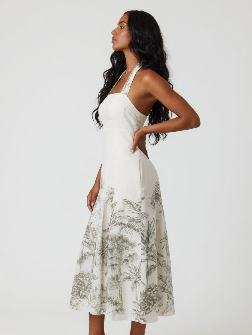Palm Paradise Linen Midi Dress – Ivory