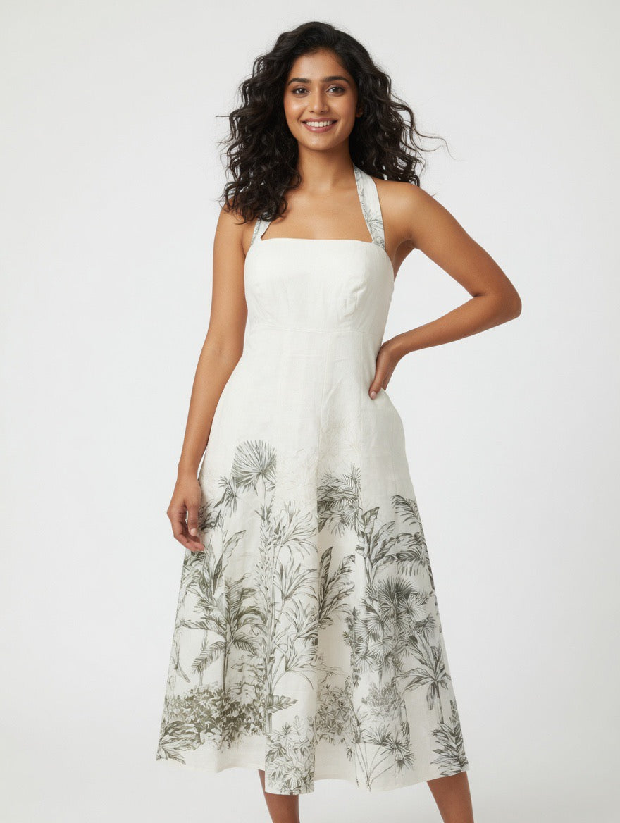 Palm Paradise Linen Midi Dress – Ivory