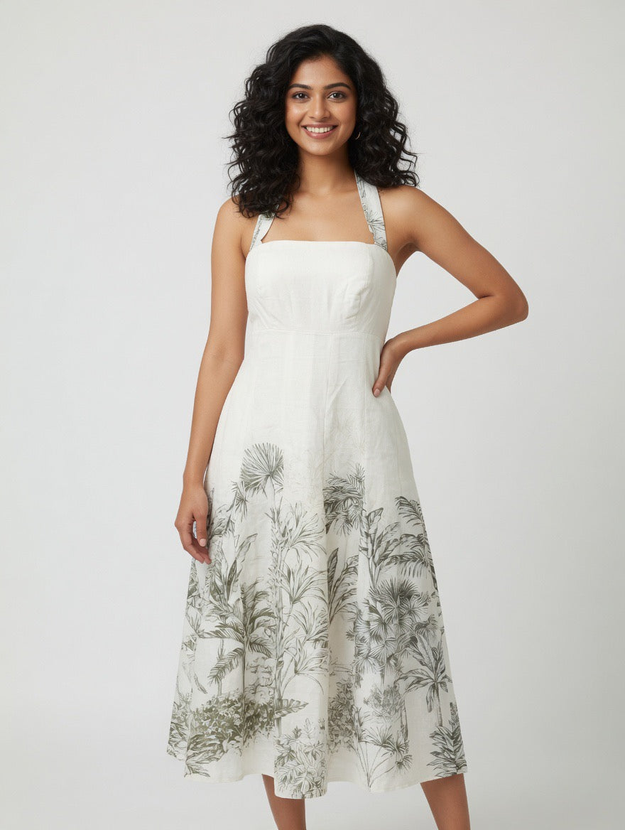 Palm Paradise Linen Midi Dress – Ivory