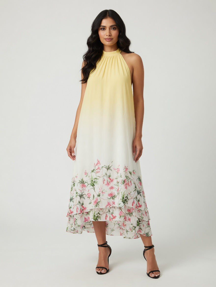 Sunlit Bloom Ombre Halter Midi Dress