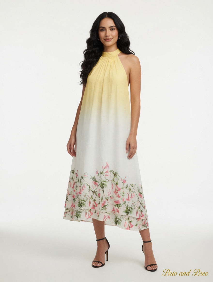 Sunlit Bloom Ombre Halter Midi Dress