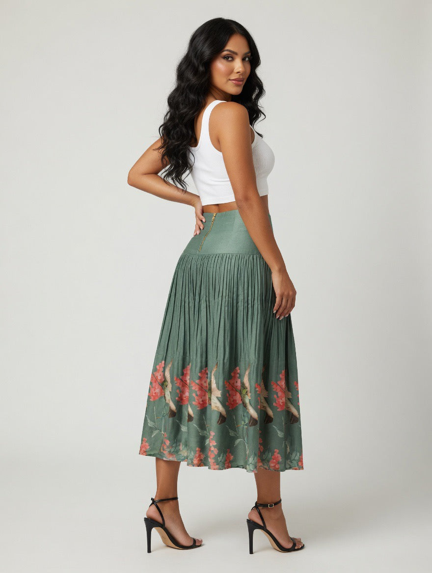 Hummingbird Harmony Pleated Midi Skirt