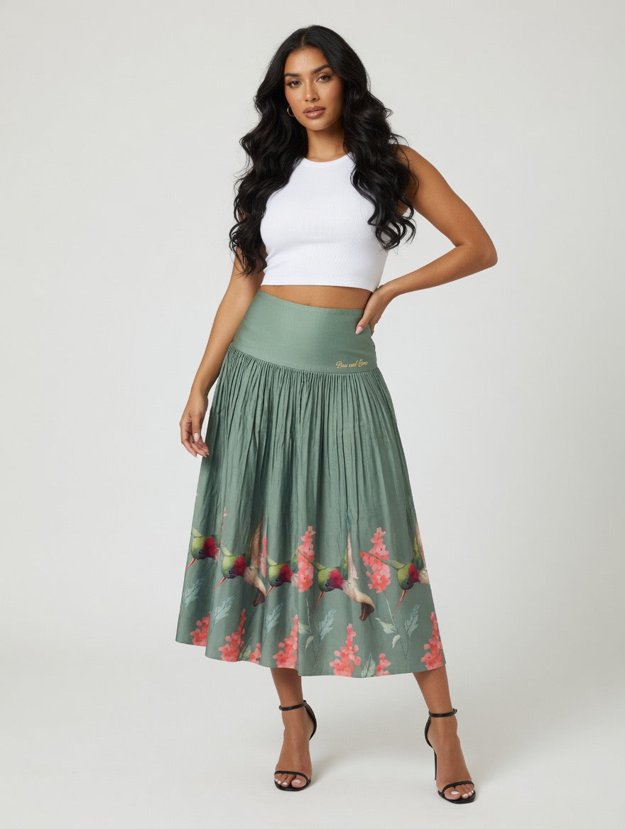 Hummingbird Harmony Pleated Midi Skirt