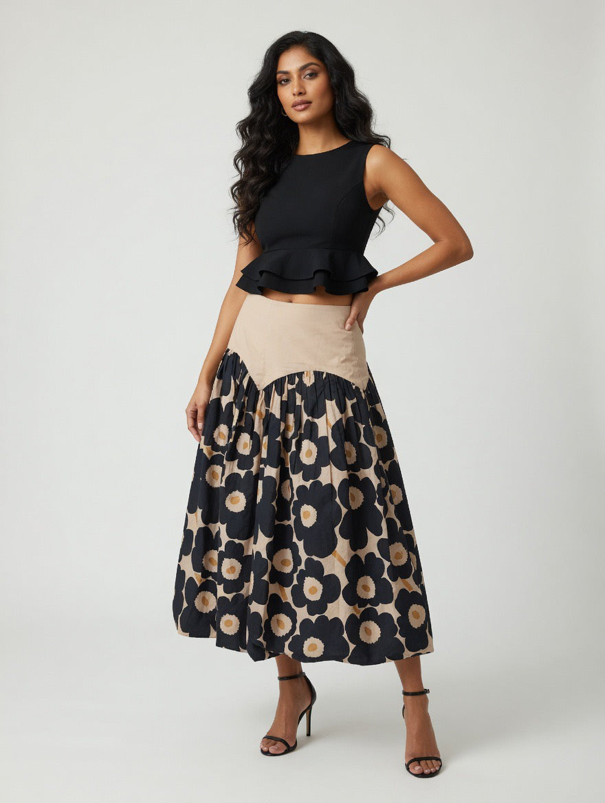Ebony Daisy Contrast Midi Skirt