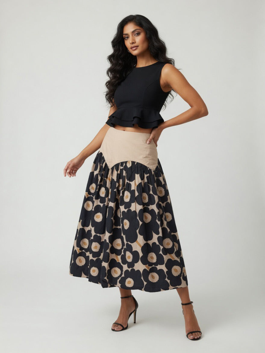 Ebony Daisy Contrast Midi Skirt
