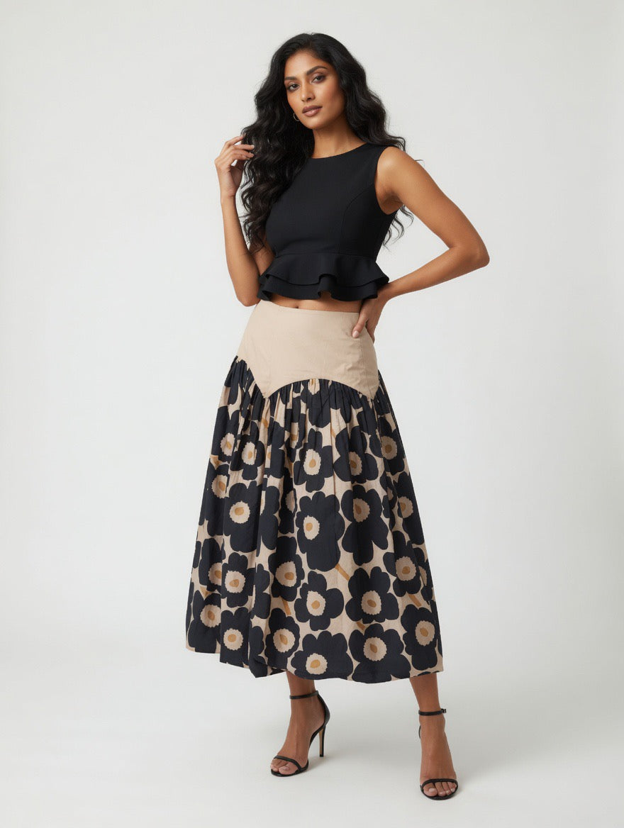Ebony Daisy Contrast Midi Skirt